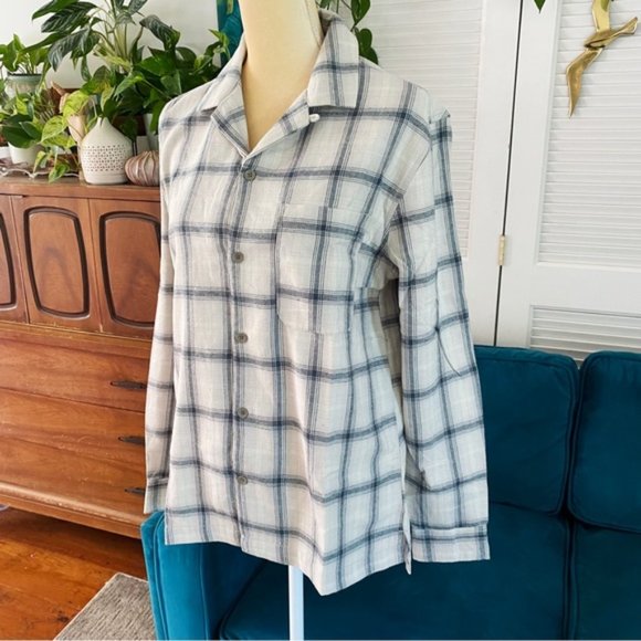 Urban Outfitters Men’s Standard Cloth Flannel Collar Shirt Cream Plaid New Small - Picture 5 of 15